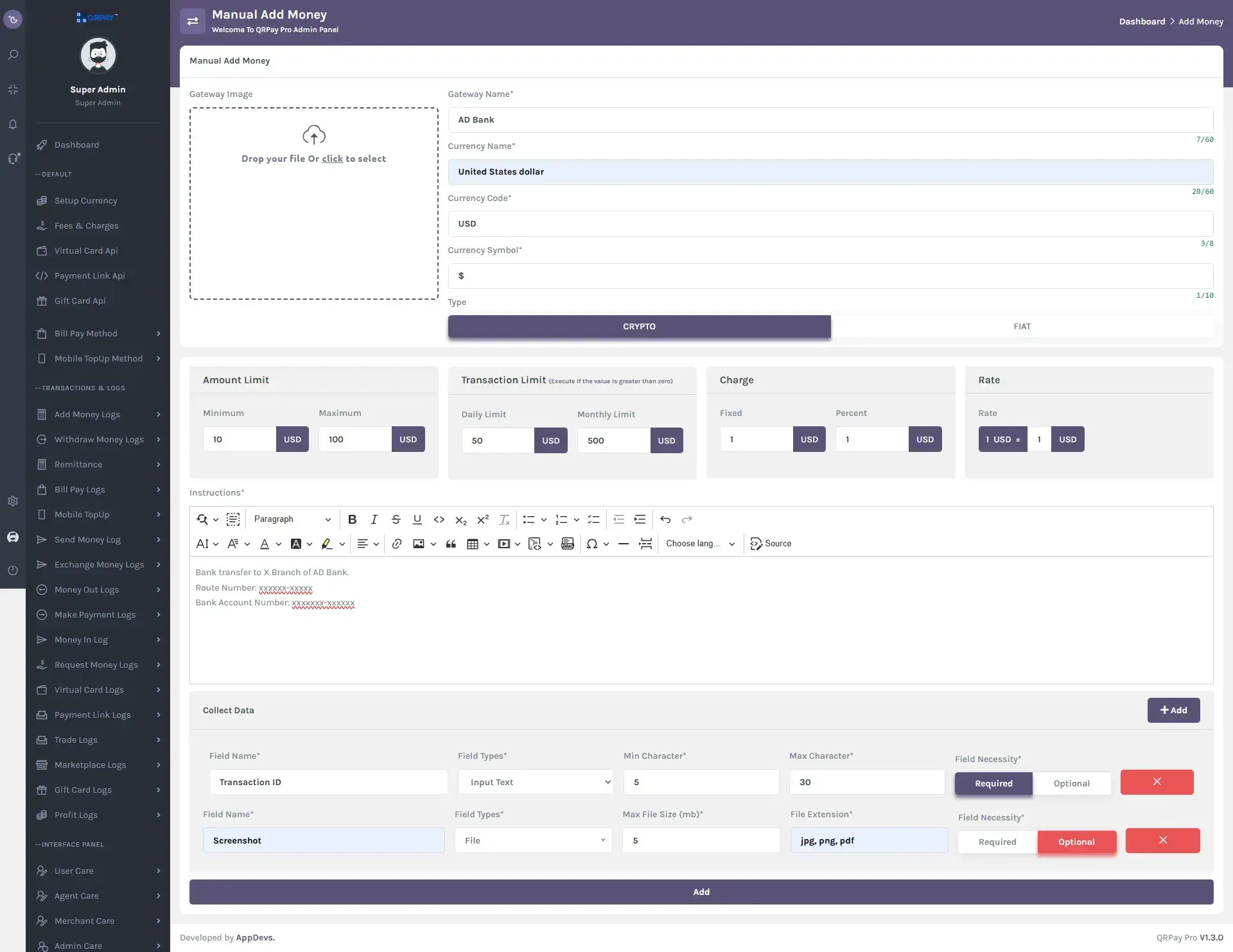 manual add money dashboard